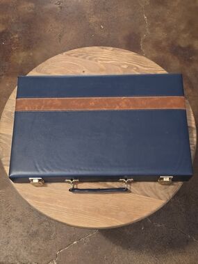 Backgammon Navy Blue & Brown Leather Travel Game Set Folding Carry Case